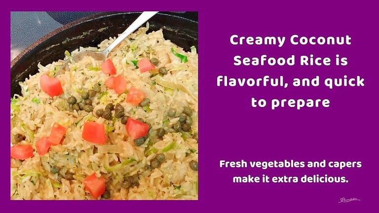 an image of a one-pot Creamy Coconut Seafood Rice dish