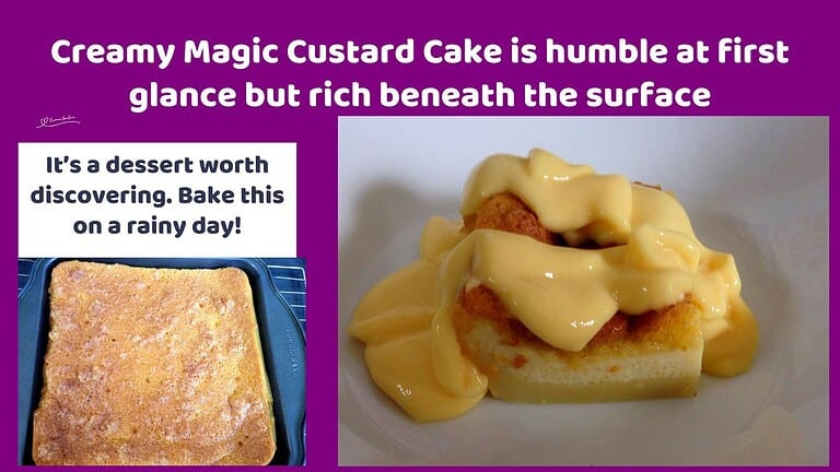 an image of a Creamy Magic Custard Cake with more custard drizzled over