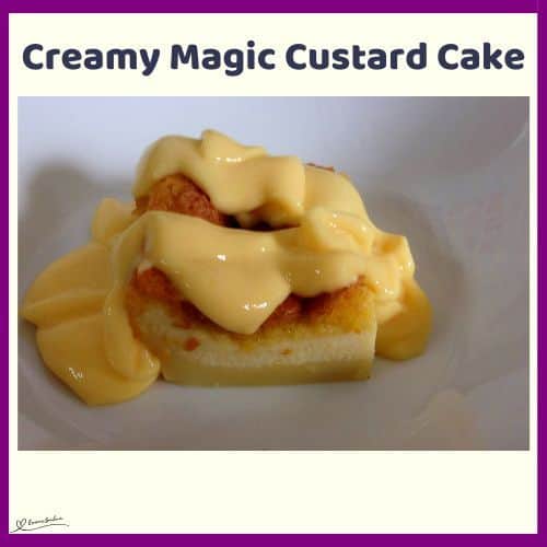 an image of a Creamy Magic Custard Cake with more custard drizzled over