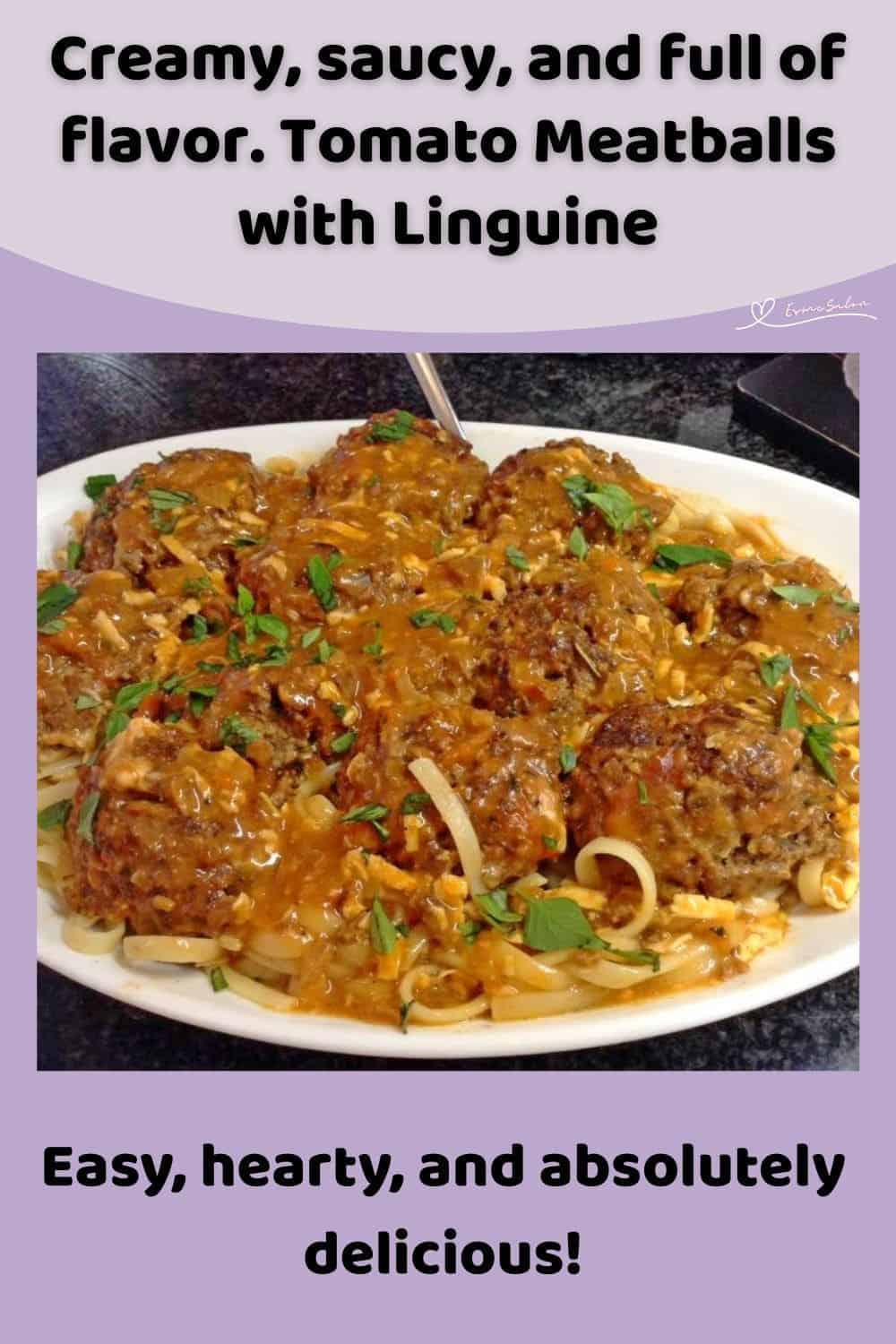 an image of a white bowl filled with Tomato Meatballs with Linguine