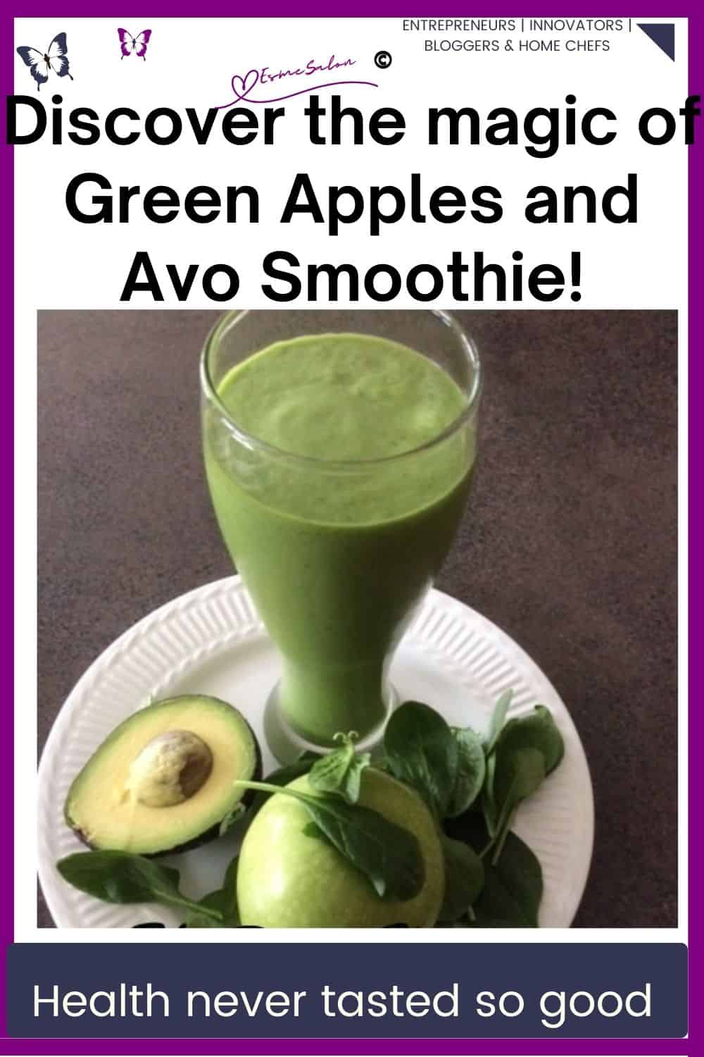 an image of a Green apple and avo smoothie in a tall glass on a white plate with half an abo and green abo and spinach leaves