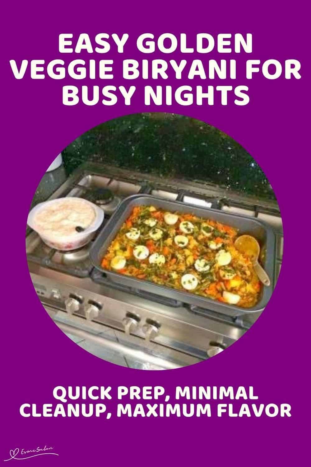 an image of a stainless dish with Golden Veggie Biryani (Vegetarian) and one plated meal