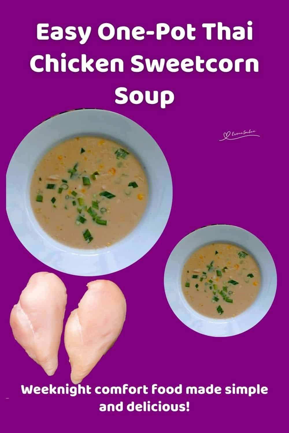 an image of Thai Chicken Sweetcorn Soup in a while soup bowl sprinkled with spring onions