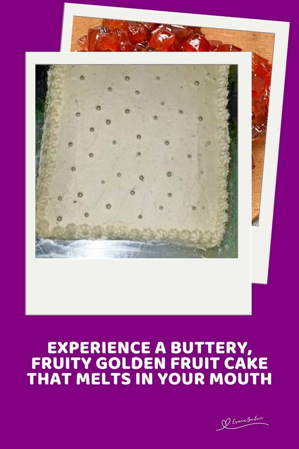 an image of a square Golden Fruit Cake with apricot buttercream icing