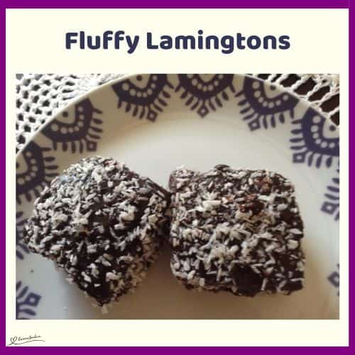 an image of 2 Fluffy Lamingtons on a white serving dish