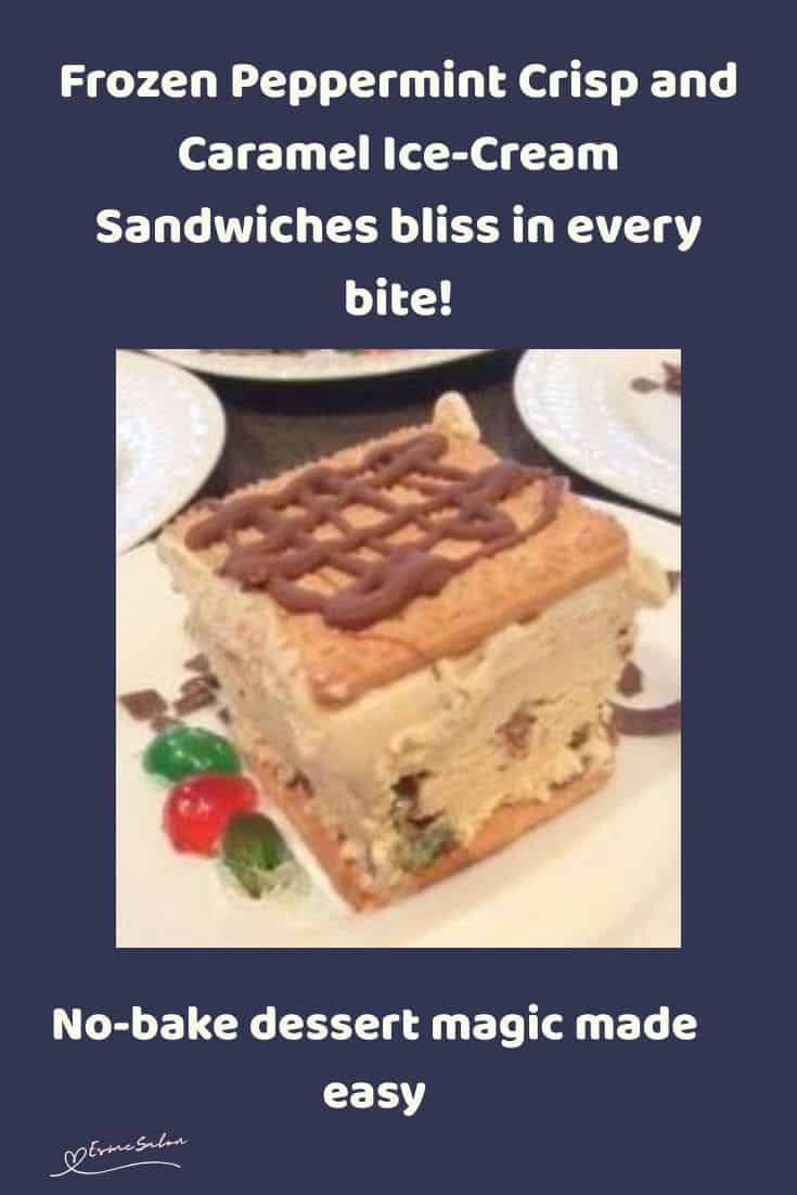 an image of a block of Peppermint Crisp and Caramel Ice-cream Sandwiches with cherries and chocolate drizzled on top