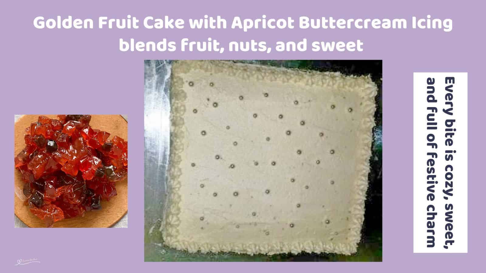 an image of a square Golden Fruit Cake with apricot buttercream icing