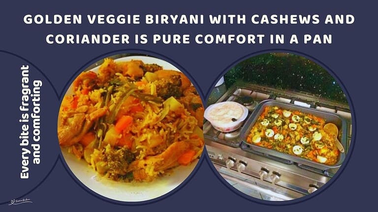 an image of a stainless dish with Golden Veggie Biryani (Vegetarian) and one plated meal