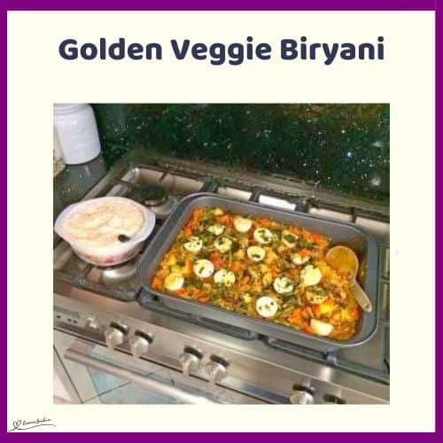 an image of a stainless dish with Golden Veggie Biryani (Vegetarian) and one plated meal