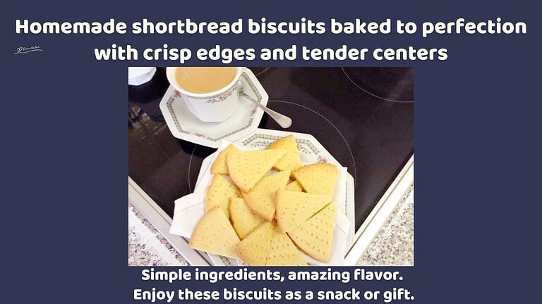 an image of a plate with Shortbread Biscuits and a cup of tea on the side