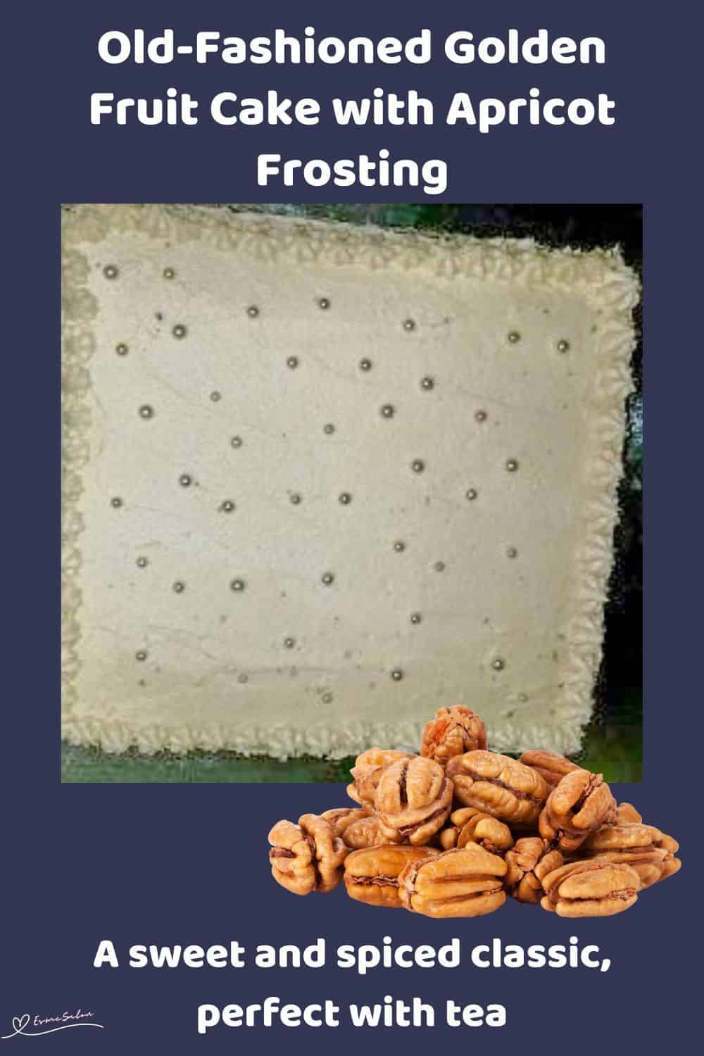 an image of a square Golden Fruit Cake with apricot buttercream icing