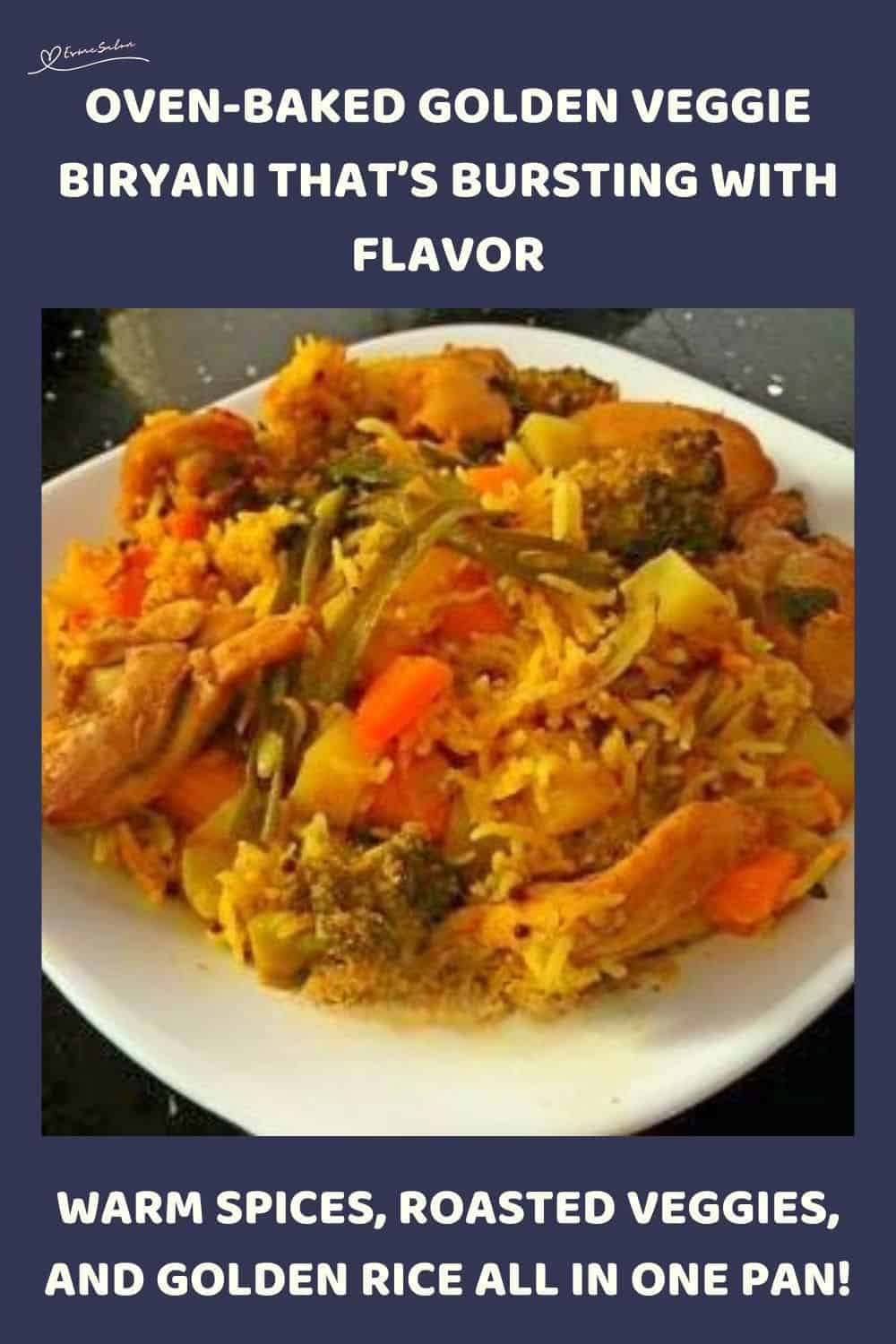 an image of a stainless dish with Golden Veggie Biryani (Vegetarian) and one plated meal