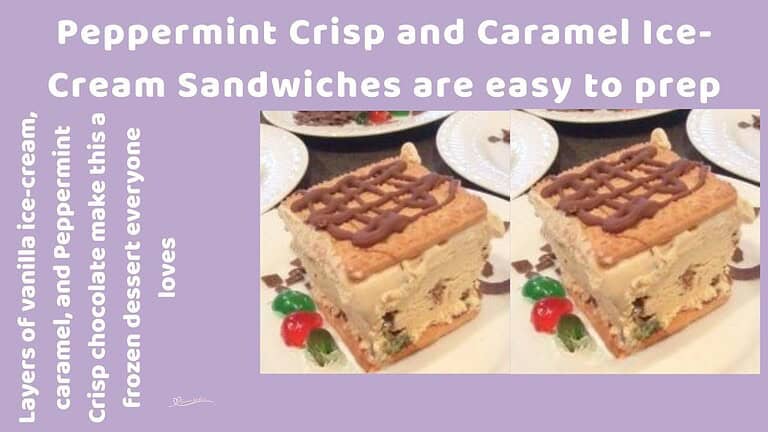 an image of a block of Peppermint Crisp and Caramel Ice-cream Sandwiches with cherries and chocolate drizzled on top