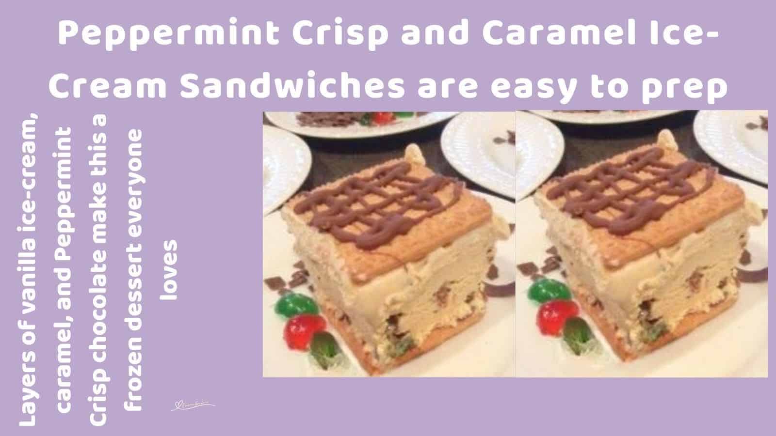 an image of a block of Peppermint Crisp and Caramel Ice-cream Sandwiches with cherries and chocolate drizzled on top