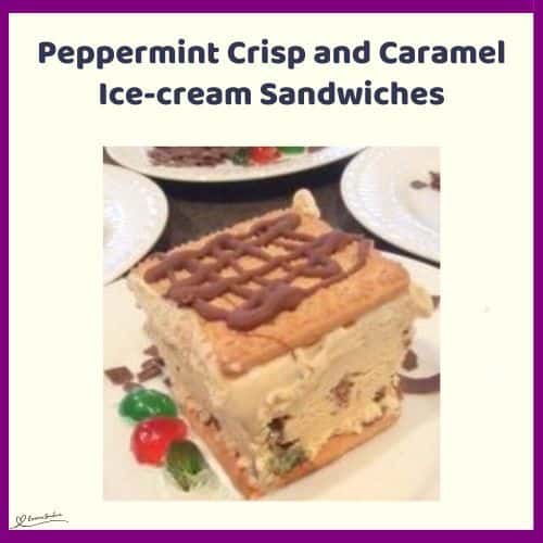 an image of a block of Peppermint Crisp and Caramel Ice-cream Sandwiches with cherries and chocolate drizzled on top