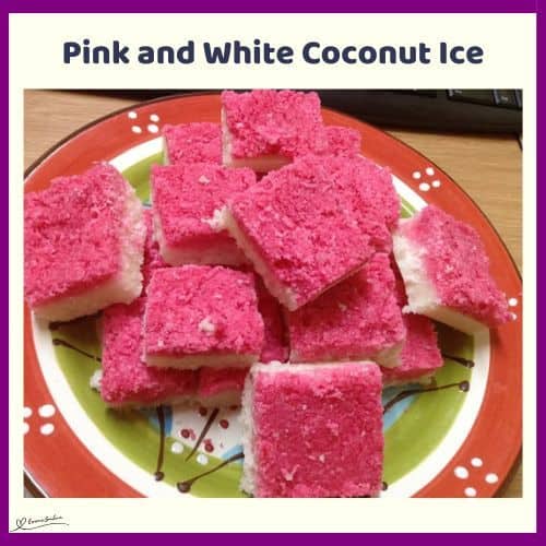 an image of a red rimmed plate with Pink and White Coconut Ice