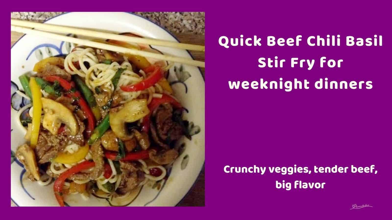 an image of a plate with Beef Chili Basil Stir Fry and chopsticks on the side