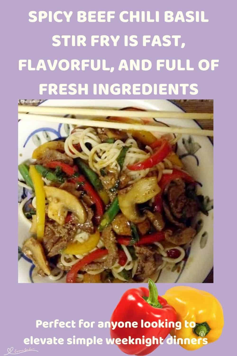 an image of a plate with Beef Chili Basil Stir Fry and chopsticks on the side