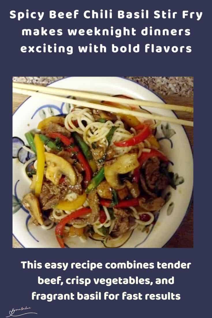 an image of a plate with Beef Chili Basil Stir Fry and chopsticks on the side