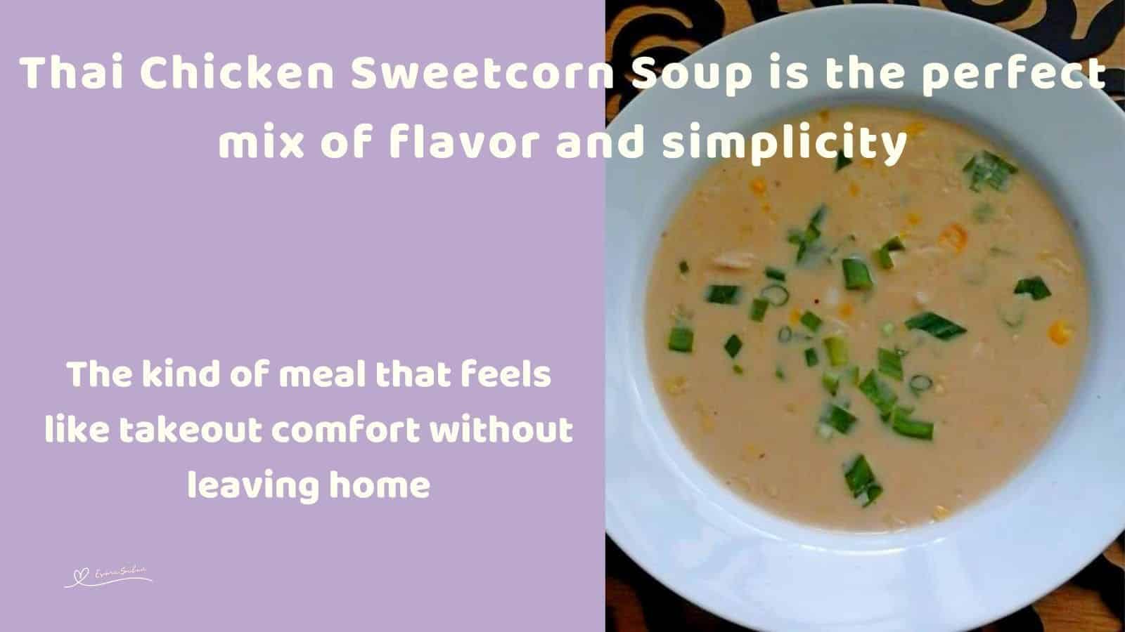 an image of Thai Chicken Sweetcorn Soup in a while soup bowl sprinkled with spring onions