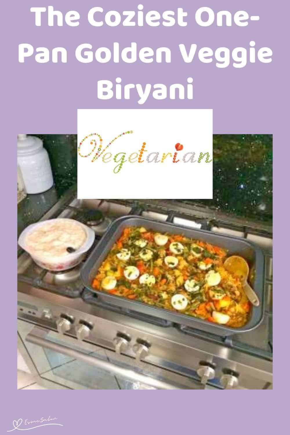 an image of a stainless dish with Golden Veggie Biryani (Vegetarian) and one plated meal