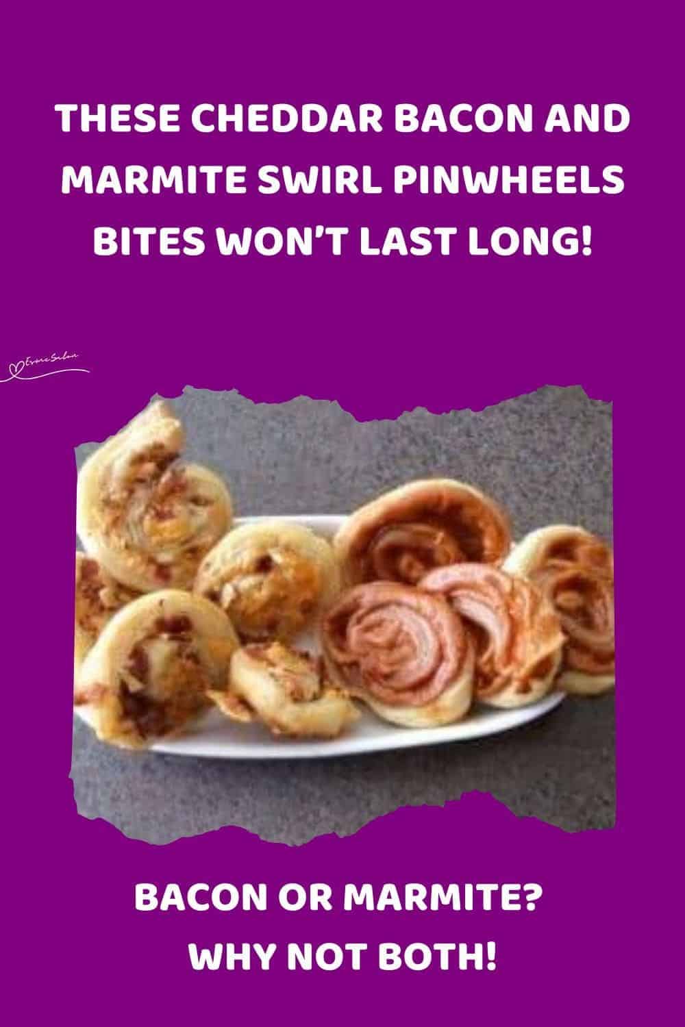 an image of Cheddar Bacon and Marmite Swirl Pinwheels on a white platter