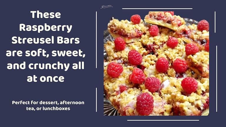 an image of Raspberry Streusel Bars with a raspberry as decoration on each bar