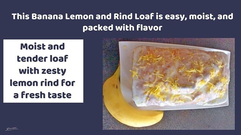 an image of a Banana Lemon and Rind Loaf on a white platter with a banana on the side