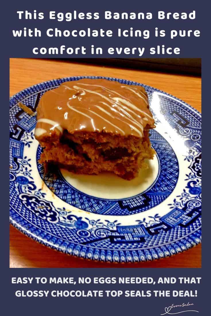 an image of a slice Eggless Banana Bread with Chocolate Icing