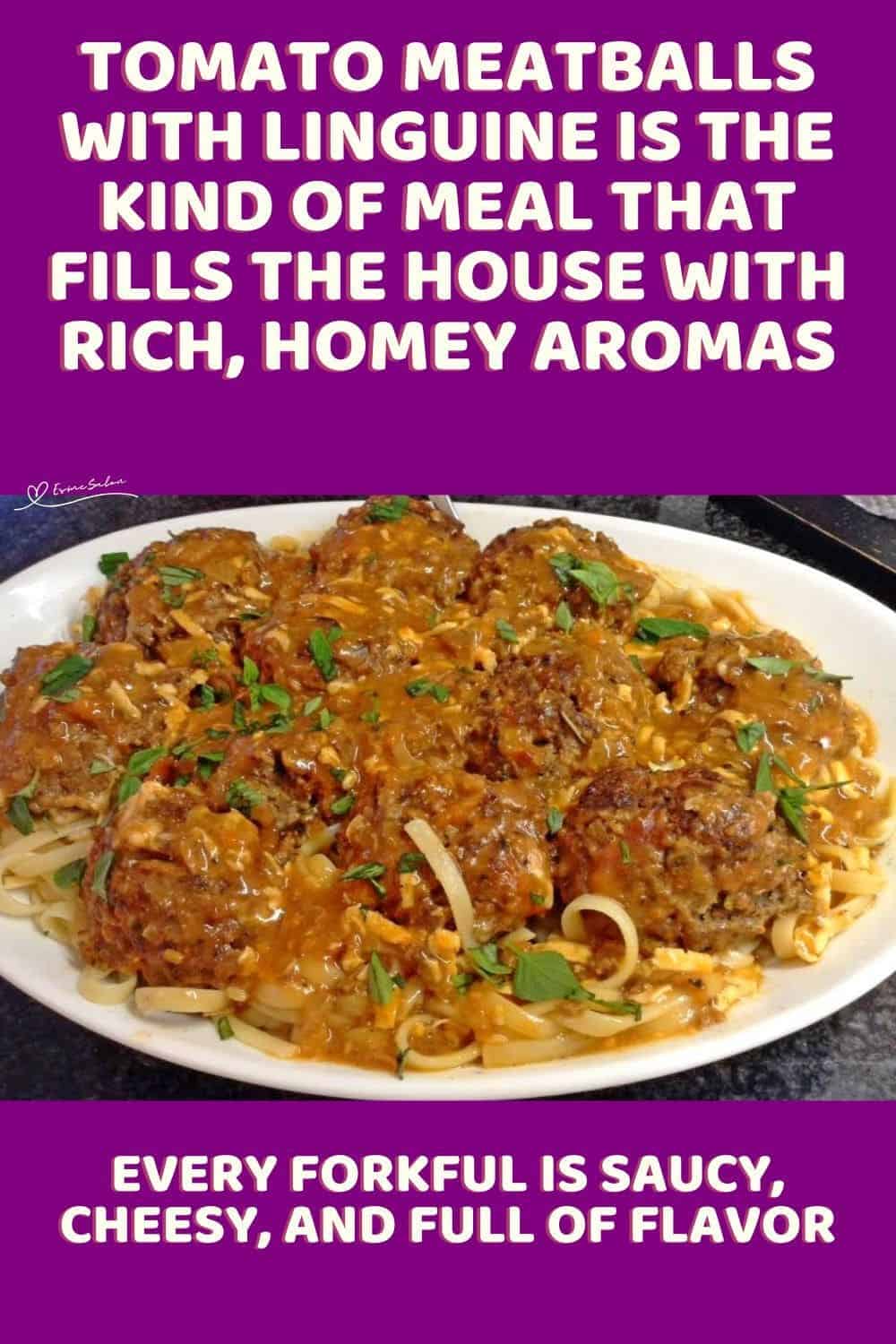 an image of a white bowl filled with Tomato Meatballs with Linguine