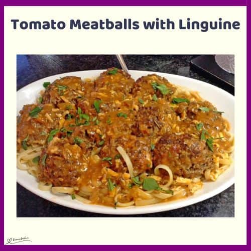 an image of a white bowl filled with Tomato Meatballs with Linguine