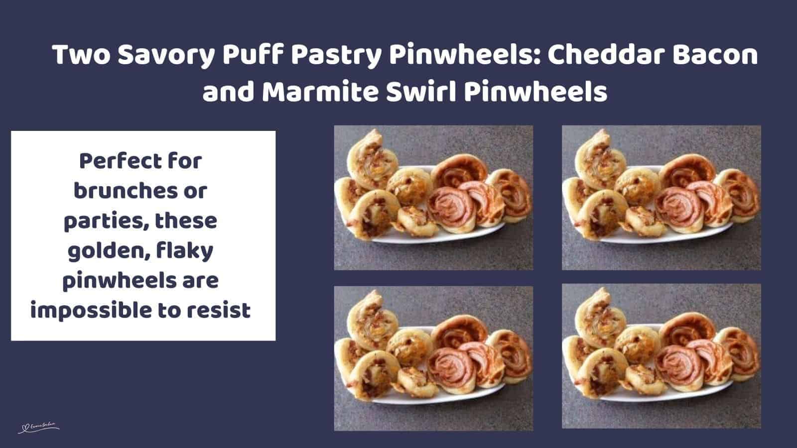 an image of Cheddar Bacon and Marmite Swirl Pinwheels on a white platter