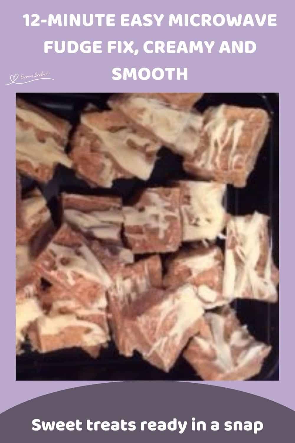 an image of brown Easy Microwave Fudge with white chocolate drizzled over the top