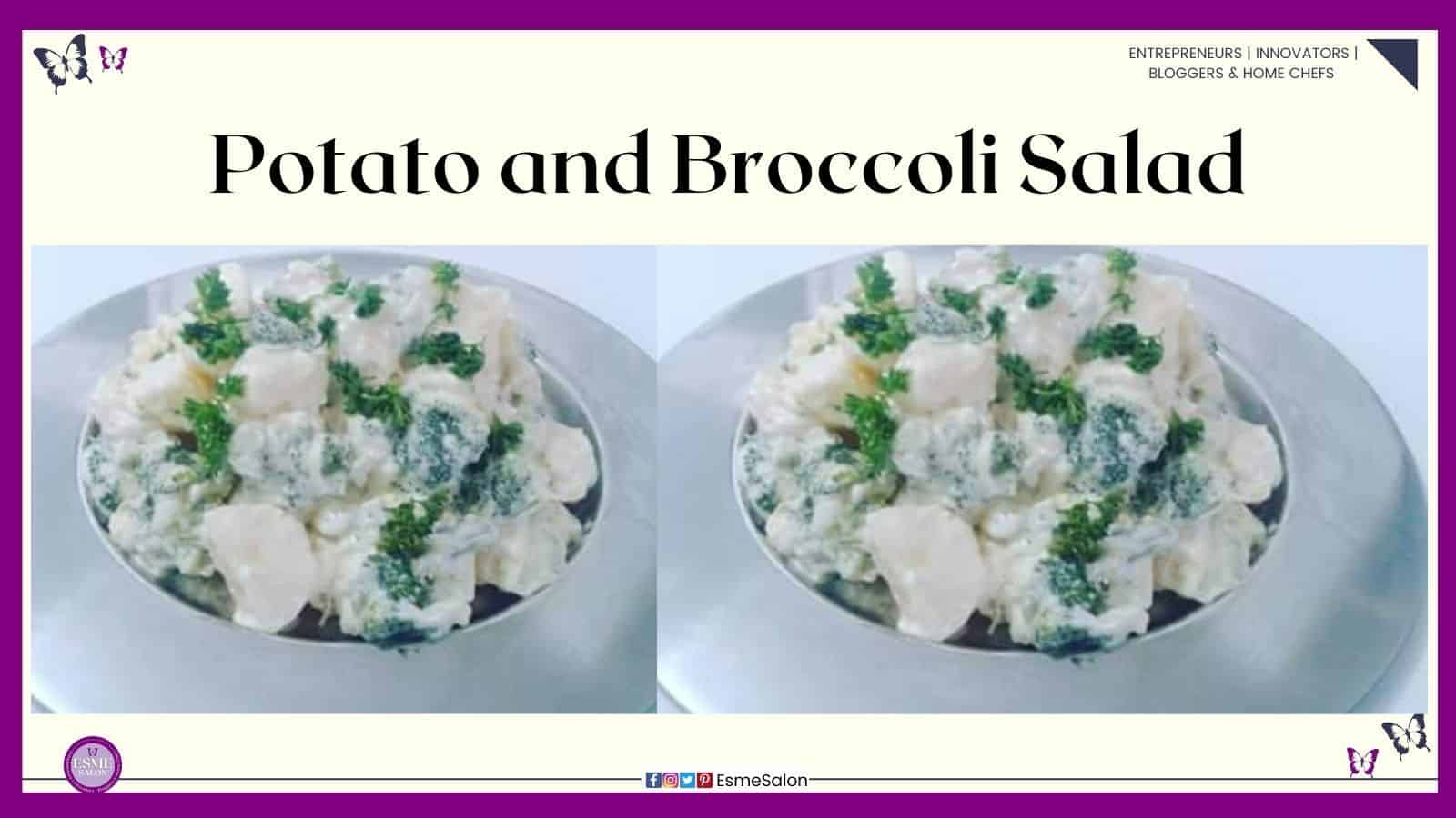 an image of a white bowl filled with creamy Potato and Broccoli Salad and topped with fresh parsley