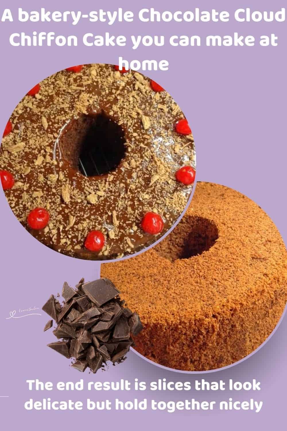 an image of a Chocolate Cloud Chiffon Cake decorated with flake chocolate and cherries