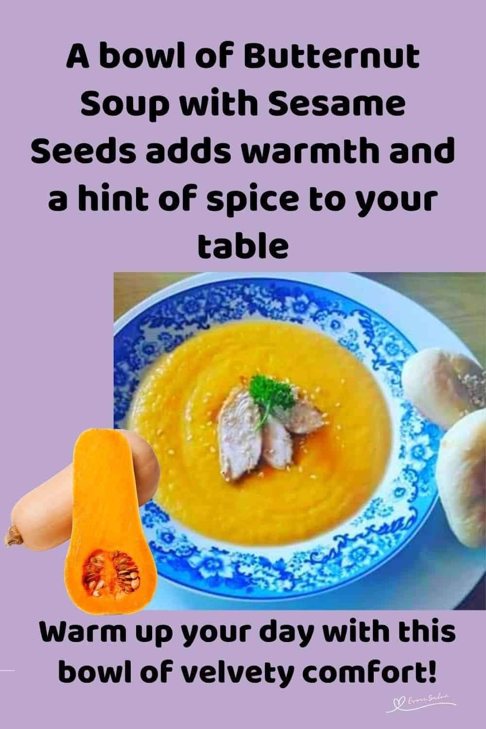 an image of a soup bowl with Butternut Soup with Sesame Seeds and bread on the side