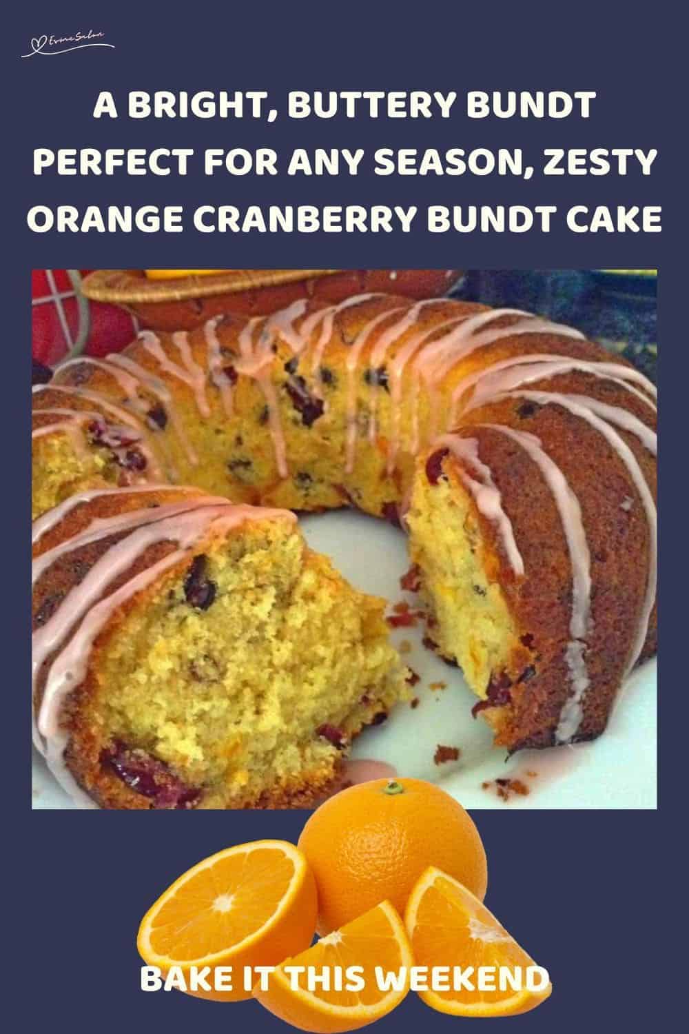 an image of a Zesty Orange Cranberry Bundt Cake on a white cake platter