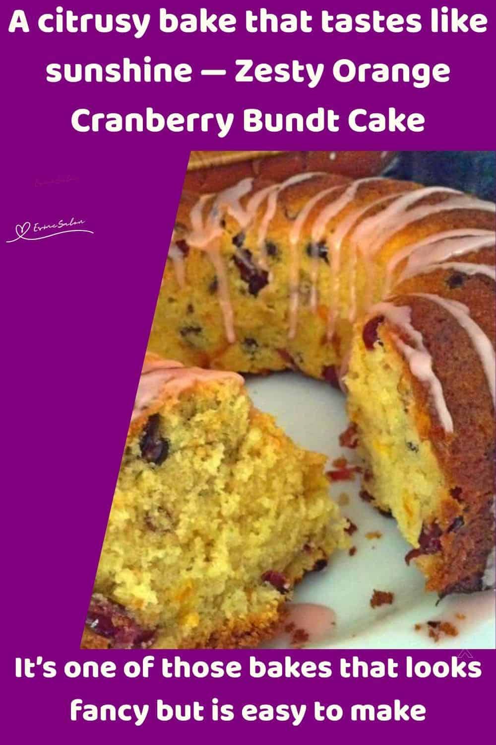 an image of a Zesty Orange Cranberry Bundt Cake on a white cake platter