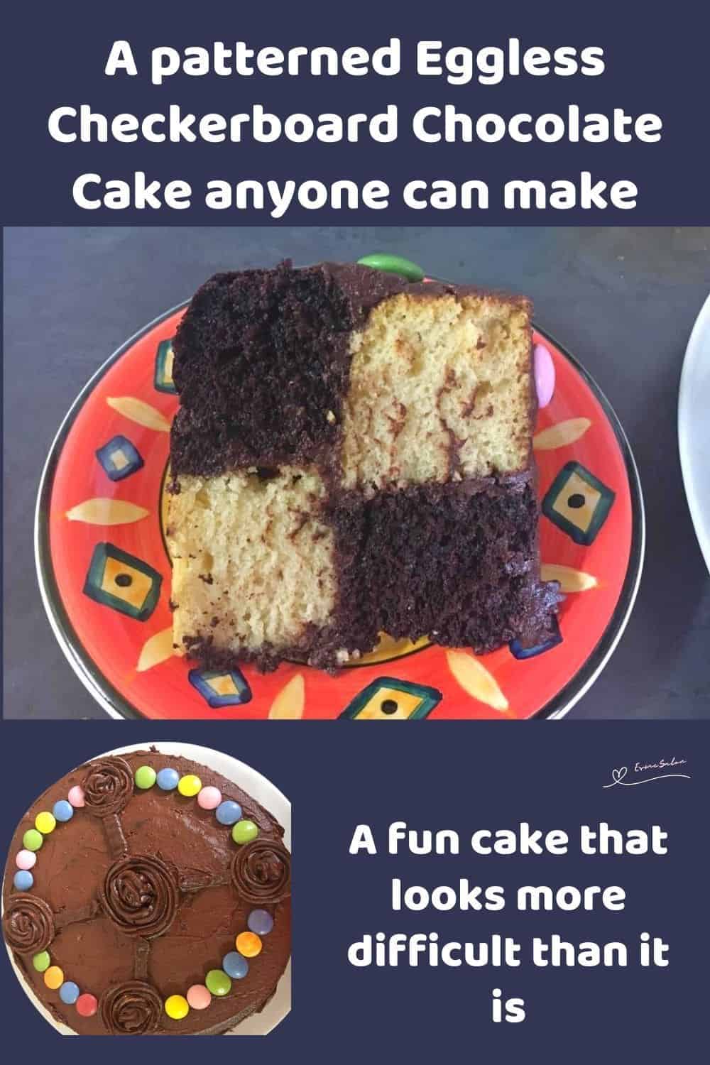 an image of a Eggless Checkerboard Chocolate Cake (Vanilla and Chocolate layers)