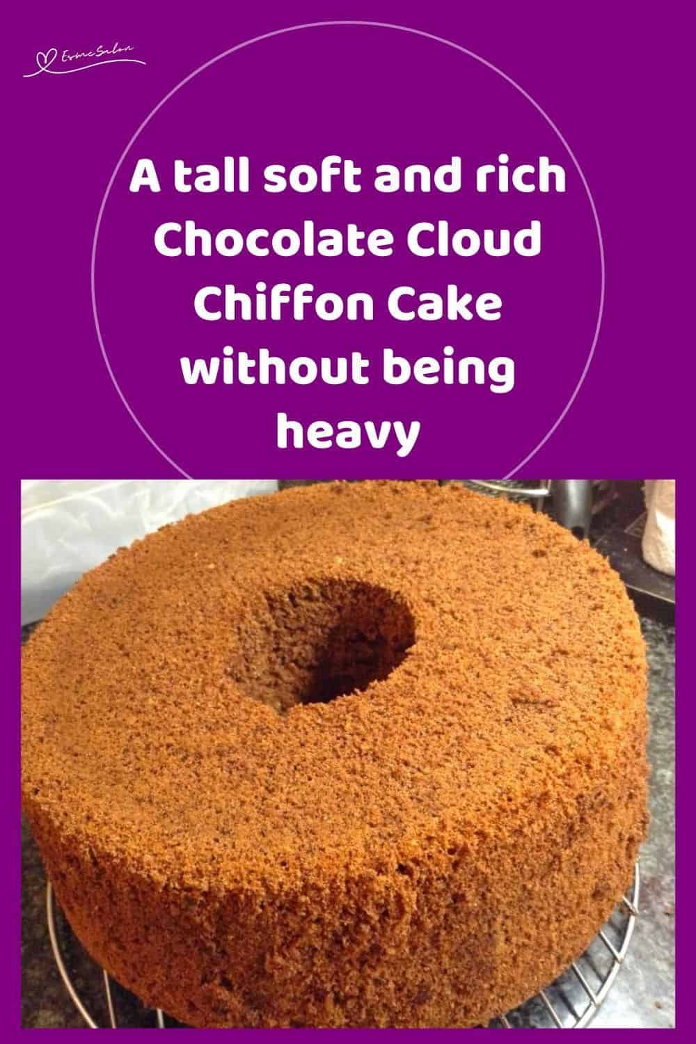 an image of a Chocolate Cloud Chiffon Cake decorated with flake chocolate and cherries
