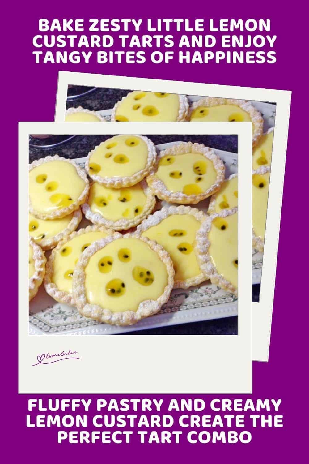 an image of Little Lemon Custard Tarts with passion fruit decoration on a white platter