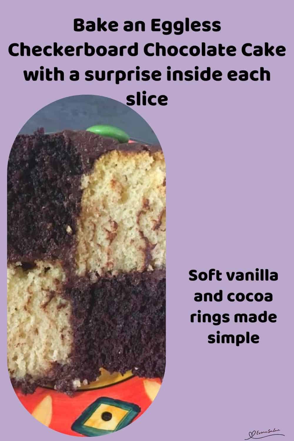 an image of a Eggless Checkerboard Chocolate Cake (Vanilla and Chocolate layers)