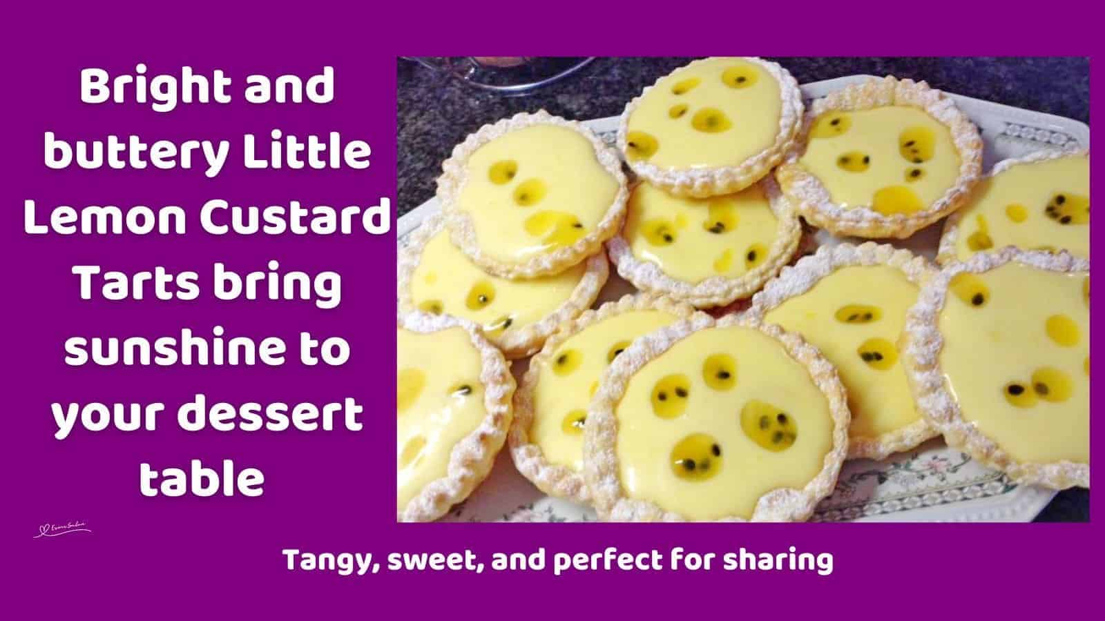 an image of Little Lemon Custard Tarts with passion fruit decoration on a white platter