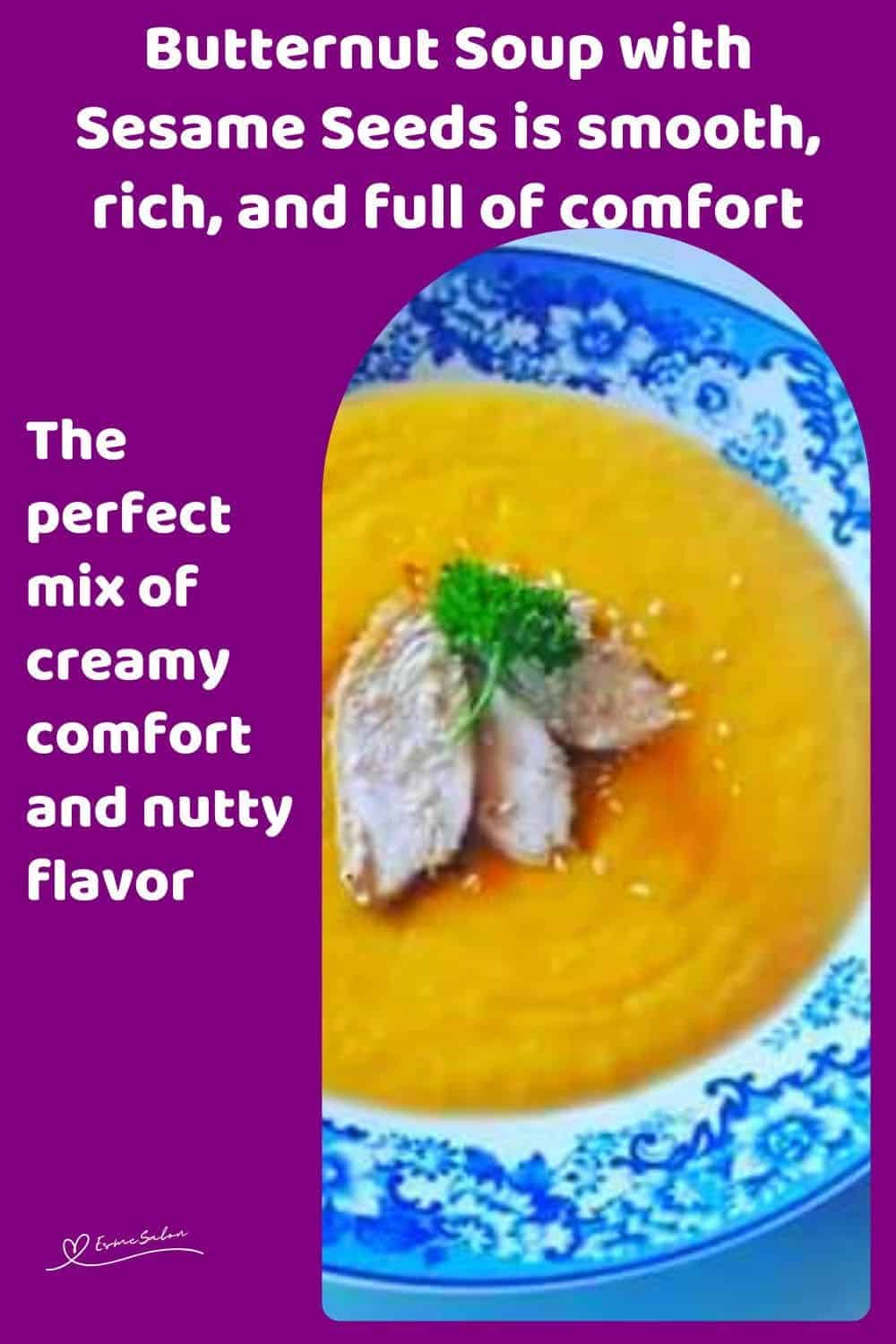 an image of a soup bowl with Butternut Soup with Sesame Seeds and bread on the side