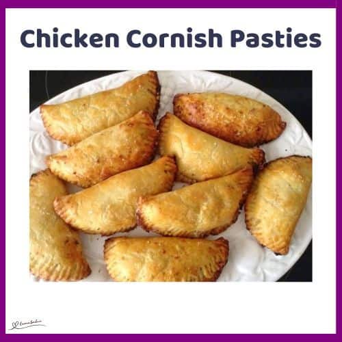 an image of half moon shaped Chicken Cornish Pasties on a white platter