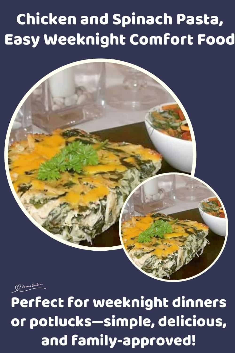 an image of a single serving of Chicken and Spinach Pasta topped with cheese