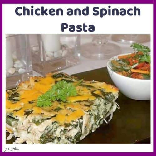 an image of a single serving of Chicken and Spinach Pasta topped with cheese