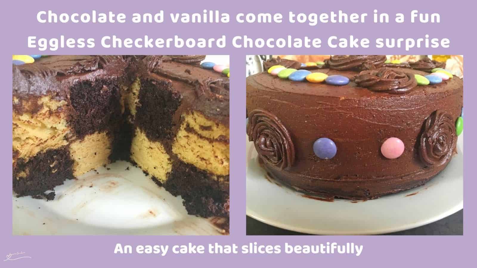 an image of a Eggless Checkerboard Chocolate Cake (Vanilla and Chocolate layers)