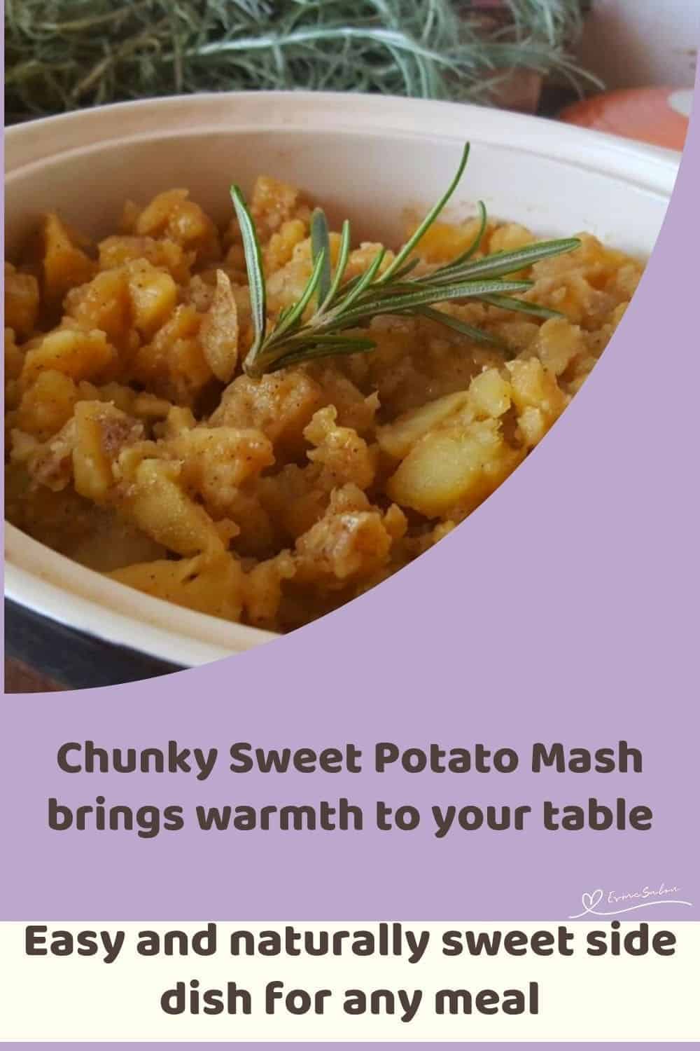 an image of a white dish with Sweet Potato Chunky Mash and a sprig of rosemary