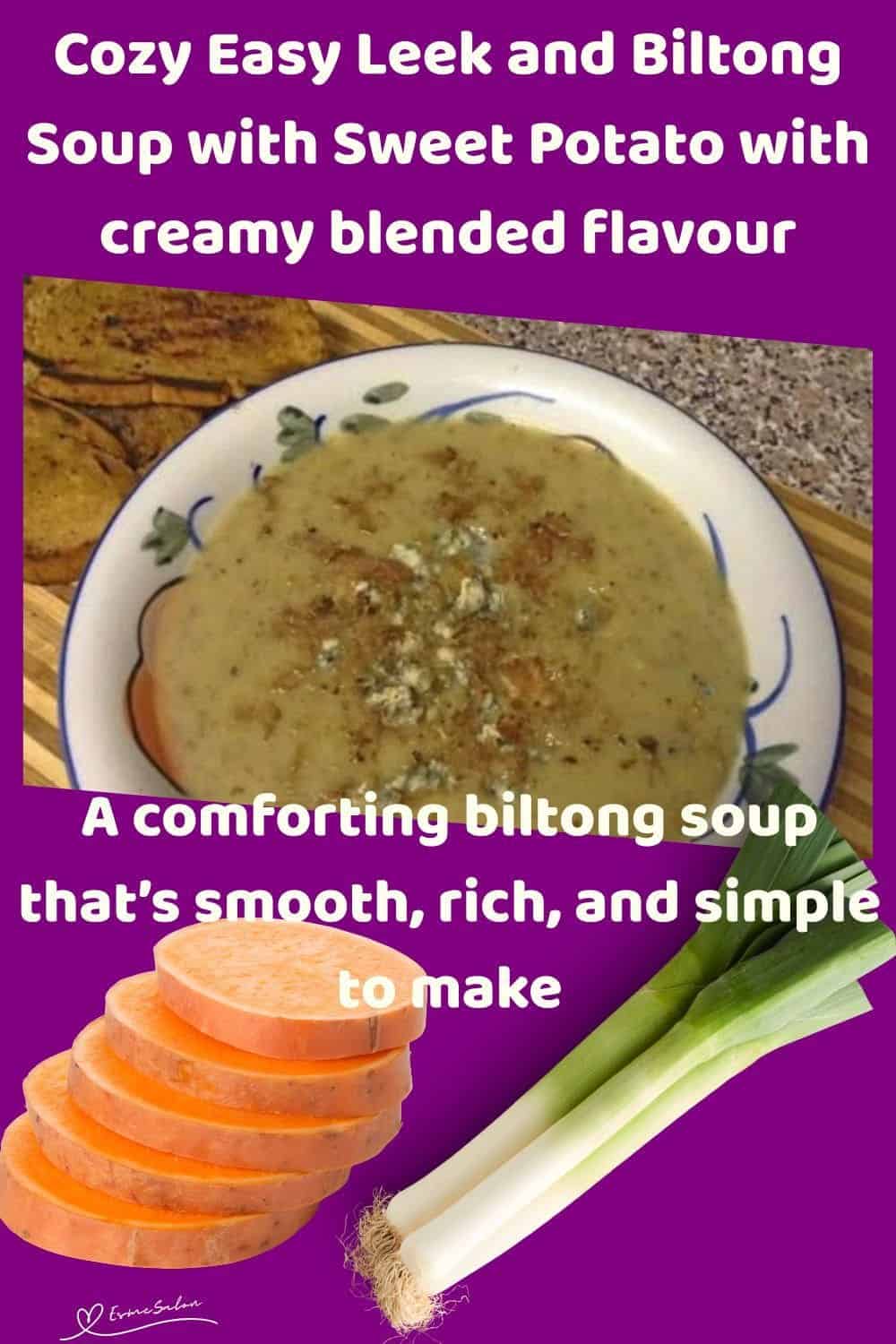 an image of a soup bowl filled with Easy Leek and Biltong Soup with Sweet Potato